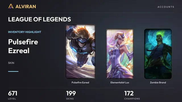 LEAGUE OF LEGENDS · Level 671 · Pulsefire Ezreal, Elementalist Lux, Zombie Brand