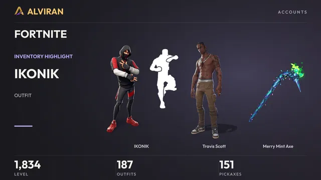 FORTNITE · Level 1834 · IKONIK, Travis Scott, Merry Mint Axe