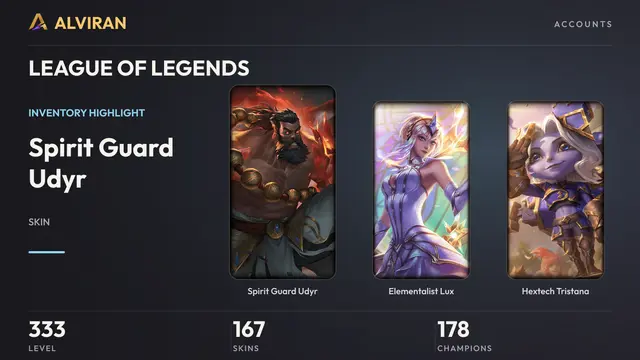 LEAGUE OF LEGENDS · Level 333 · Spirit Guard Udyr, Elementalist Lux, Hextech Tristana