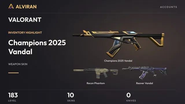 VALORANT · Level 183 · Champions 2025 Vandal, Recon Phantom, Reaver Vandal
