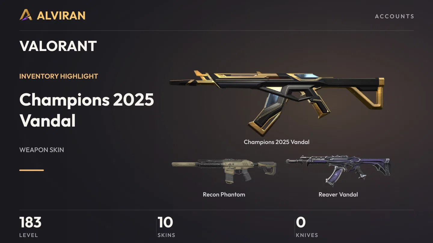 VALORANT · Level 183 · Champions 2025 Vandal, Recon Phantom, Reaver Vandal