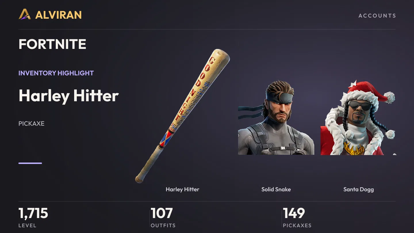 FORTNITE · Level 1715 · Harley Hitter, Solid Snake, Santa Dogg