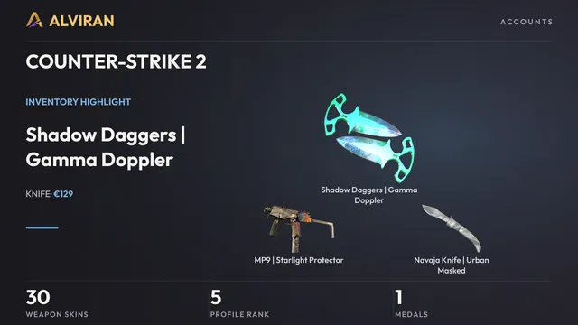 COUNTER-STRIKE 2 · Level 5 · Shadow Daggers | Gamma Doppler · Factory New, MP9 | Starlight Protector · Field-Tested, Navaja Knife | Urban Masked · Field-Tested