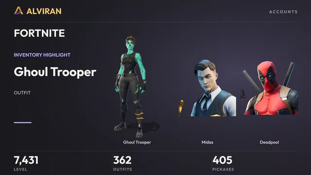 FORTNITE · Level 7431 · Ghoul Trooper, Midas, Deadpool