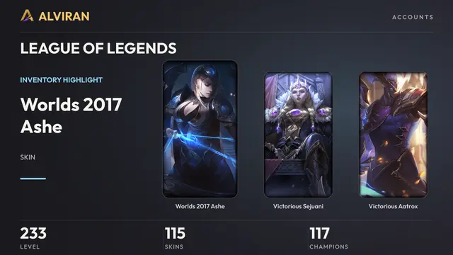 LEAGUE OF LEGENDS · Level 233 · Worlds 2017 Ashe, Victorious Sejuani, Victorious Aatrox