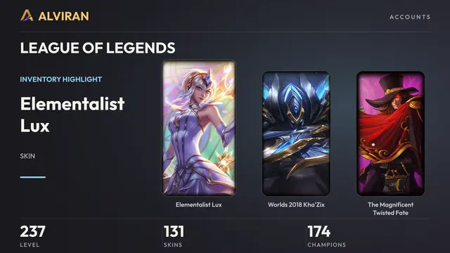 LEAGUE OF LEGENDS · Level 237 · Elementalist Lux, Worlds 2018 Kha'Zix, The Magnificent Twisted Fate
