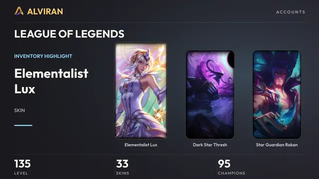 LEAGUE OF LEGENDS · Level 135 · Elementalist Lux, Dark Star Thresh, Star Guardian Rakan