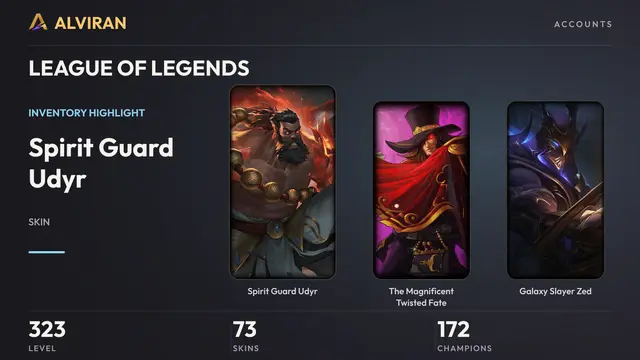 LEAGUE OF LEGENDS · Level 323 · Spirit Guard Udyr, The Magnificent Twisted Fate, Galaxy Slayer Zed