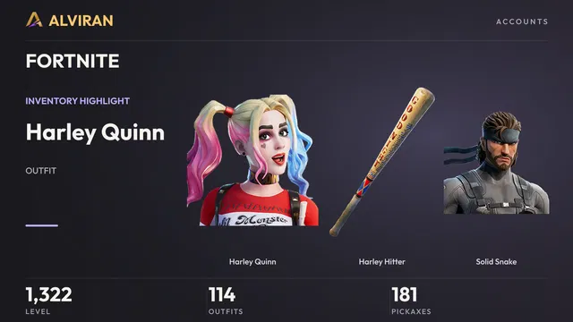 FORTNITE · Level 1322 · Harley Quinn, Harley Hitter, Solid Snake