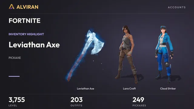 FORTNITE · Level 3755 · Leviathan Axe, Lara Croft, Cloud Striker