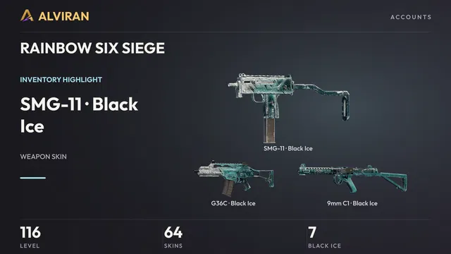 RAINBOW SIX SIEGE · Level 116 · Black Ice · SMG-11, Black Ice · G36C, Black Ice · 9mm C1