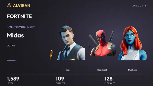 FORTNITE · Level 1589 · Midas, Deadpool, Mystique