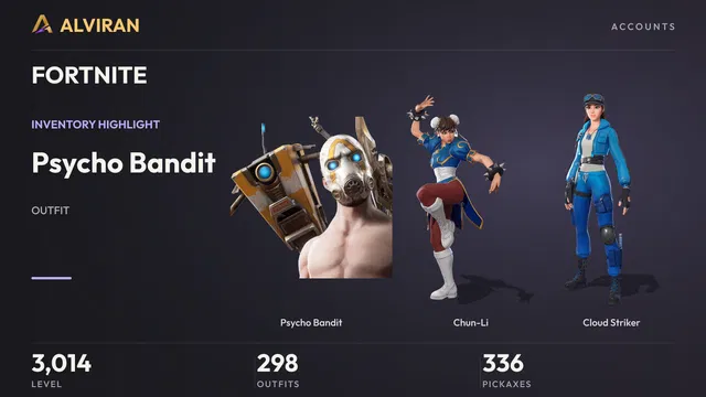 FORTNITE · Level 3014 · Psycho Bandit, Chun-Li, Cloud Striker