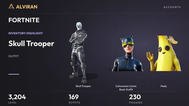 FORTNITE · Level 3204 · Skull Trooper, Catwoman Comic Book Outfit, Peely