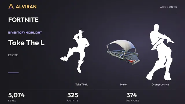 FORTNITE · Level 5074 · Take The L, Mako, Orange Justice