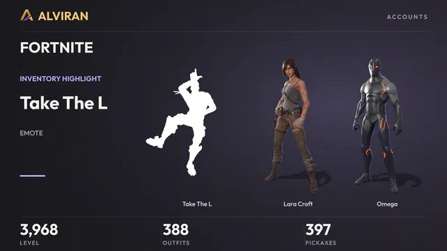 FORTNITE · Level 3968 · Take The L, Lara Croft, Omega