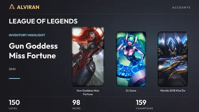 LEAGUE OF LEGENDS · Level 150 · Gun Goddess Miss Fortune, DJ Sona, Worlds 2018 Kha'Zix