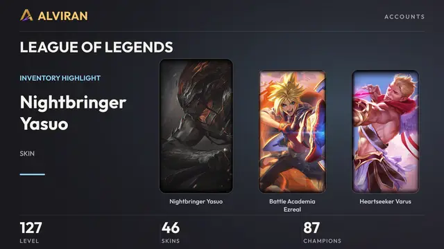 LEAGUE OF LEGENDS · Level 127 · Nightbringer Yasuo, Battle Academia Ezreal, Heartseeker Varus