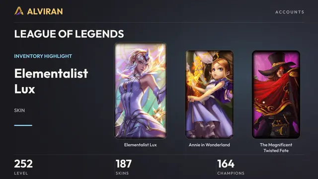 LEAGUE OF LEGENDS · Level 252 · Elementalist Lux, Annie in Wonderland, The Magnificent Twisted Fate