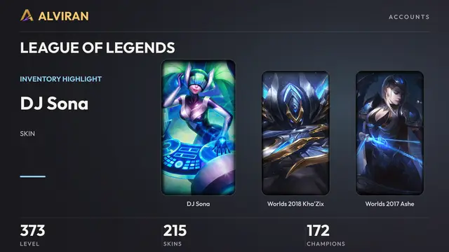 LEAGUE OF LEGENDS · Level 373 · DJ Sona, Worlds 2018 Kha'Zix, Worlds 2017 Ashe