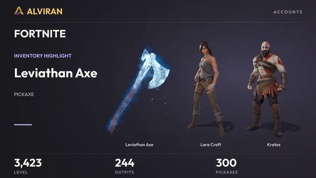 FORTNITE · Level 3423 · Leviathan Axe, Lara Croft, Kratos