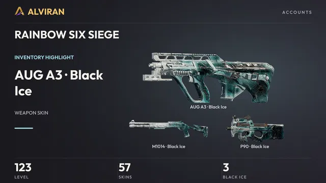 RAINBOW SIX SIEGE · Level 123 · Black Ice · AUG A3, Black Ice · M1014, Black Ice · P90