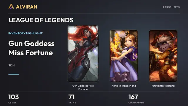 LEAGUE OF LEGENDS · Level 103 · Gun Goddess Miss Fortune, Annie in Wonderland, Firefighter Tristana