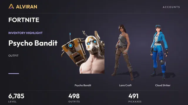 FORTNITE · Level 6785 · Psycho Bandit, Lara Croft, Cloud Striker