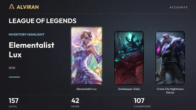 LEAGUE OF LEGENDS · Level 157 · Elementalist Lux, Gatekeeper Galio, Crime City Nightmare Darius