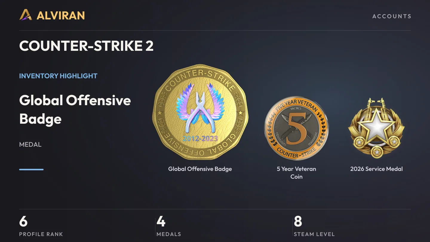 COUNTER-STRIKE 2 · Level 6 · Global Offensive Badge, 5 Year Veteran Coin, 2026 Service Medal
