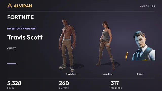 FORTNITE · Level 5328 · Travis Scott, Lara Croft, Midas