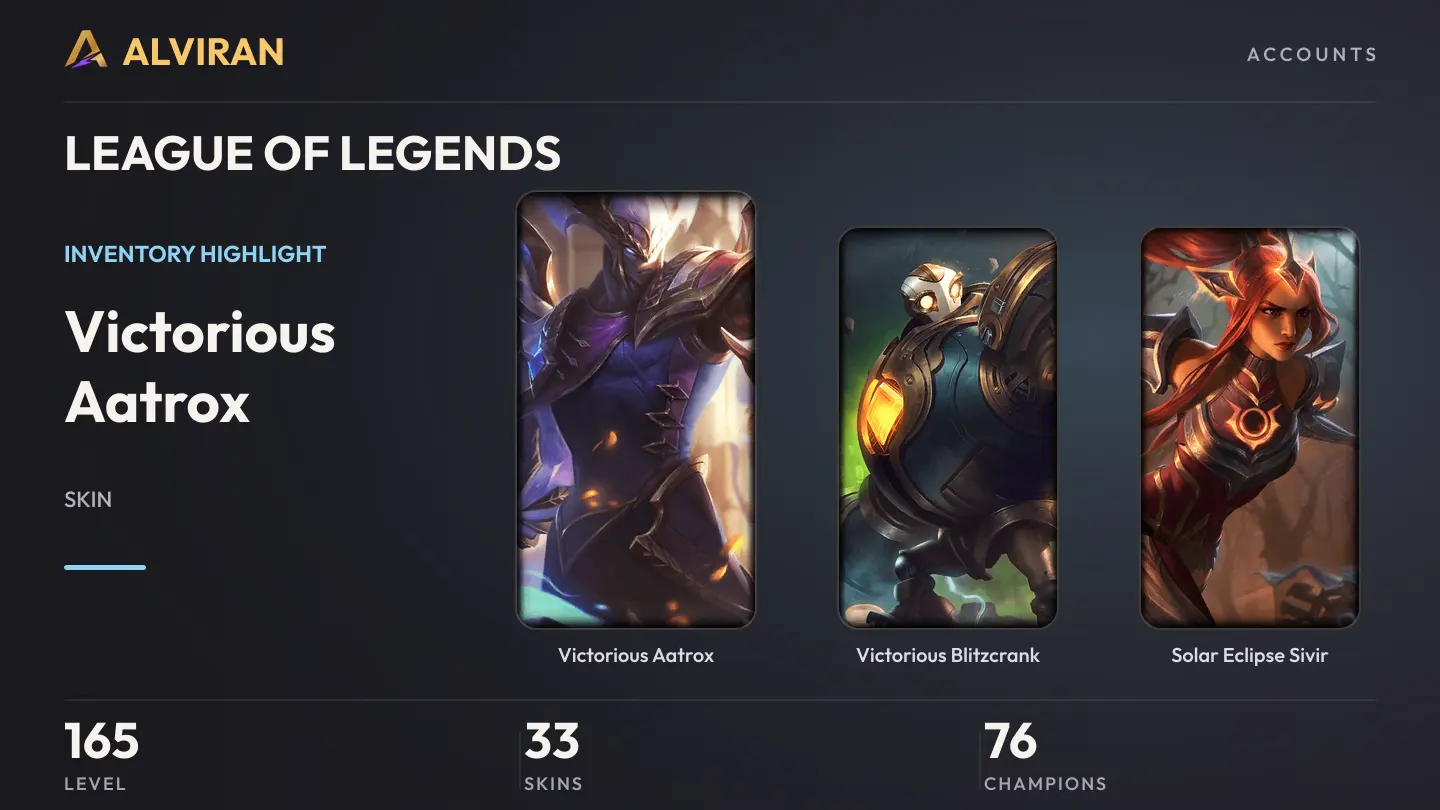 LEAGUE OF LEGENDS · Level 165 · Victorious Aatrox, Victorious Blitzcrank, Solar Eclipse Sivir