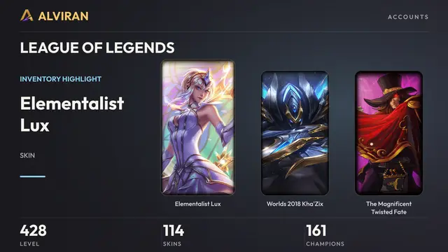 LEAGUE OF LEGENDS · Level 428 · Elementalist Lux, Worlds 2018 Kha'Zix, The Magnificent Twisted Fate