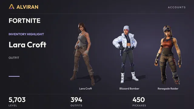 FORTNITE · Level 5703 · Lara Croft, Blizzard Bomber, Renegade Raider