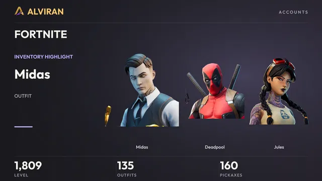FORTNITE · Level 1809 · Midas, Deadpool, Jules