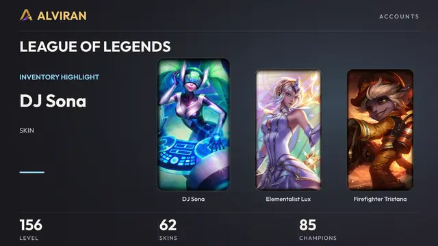LEAGUE OF LEGENDS · Level 156 · DJ Sona, Elementalist Lux, Firefighter Tristana
