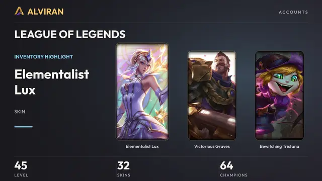LEAGUE OF LEGENDS · Level 45 · Elementalist Lux, Victorious Graves, Bewitching Tristana