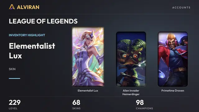 LEAGUE OF LEGENDS · Level 229 · Elementalist Lux, Alien Invader Heimerdinger, Primetime Draven