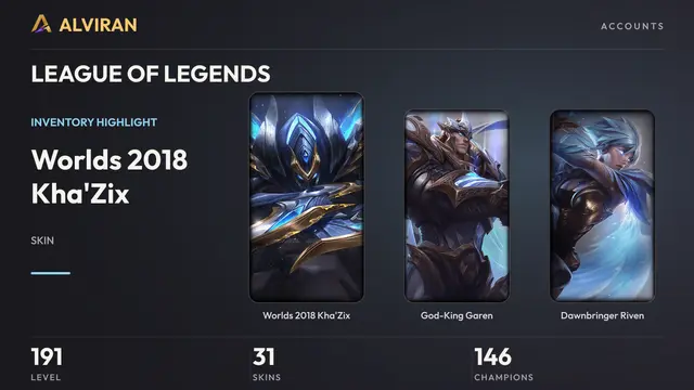 LEAGUE OF LEGENDS · Level 191 · Worlds 2018 Kha'Zix, God-King Garen, Dawnbringer Riven