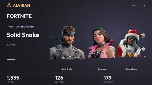 FORTNITE · Level 1535 · Solid Snake, Mariposa, Santa Dogg