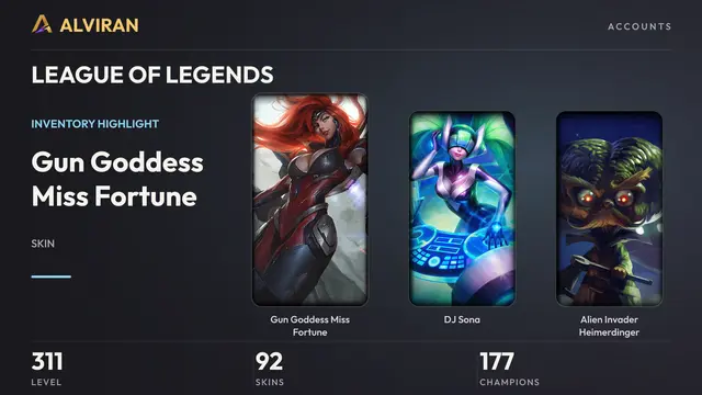 LEAGUE OF LEGENDS · Level 311 · Gun Goddess Miss Fortune, DJ Sona, Alien Invader Heimerdinger