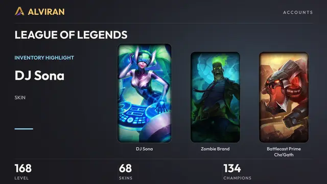 LEAGUE OF LEGENDS · Level 168 · DJ Sona, Zombie Brand, Battlecast Prime Cho'Gath