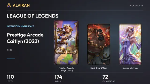 LEAGUE OF LEGENDS · Level 110 · Prestige Arcade Caitlyn (2022), Spirit Guard Udyr, Elementalist Lux
