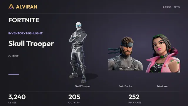 FORTNITE · Level 3240 · Skull Trooper, Solid Snake, Mariposa