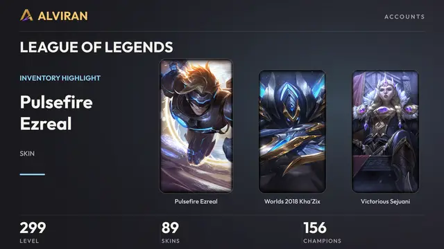 LEAGUE OF LEGENDS · Level 299 · Pulsefire Ezreal, Worlds 2018 Kha'Zix, Victorious Sejuani