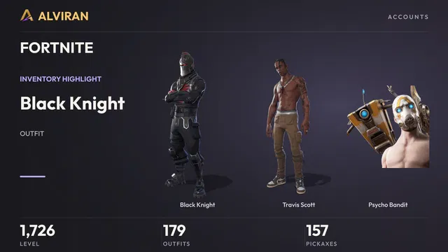FORTNITE · Level 1726 · Black Knight, Travis Scott, Psycho Bandit