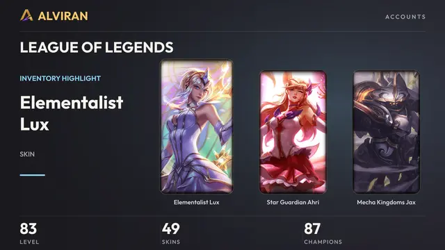 LEAGUE OF LEGENDS · Level 83 · Elementalist Lux, Star Guardian Ahri, Mecha Kingdoms Jax