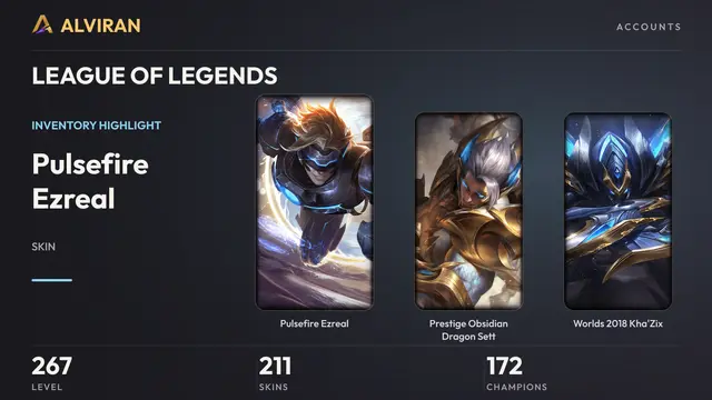 LEAGUE OF LEGENDS · Level 267 · Pulsefire Ezreal, Prestige Obsidian Dragon Sett, Worlds 2018 Kha'Zix