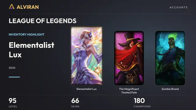 LEAGUE OF LEGENDS · Level 95 · Elementalist Lux, The Magnificent Twisted Fate, Zombie Brand