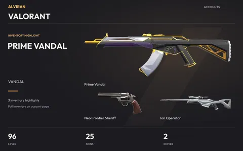 VALORANT · Level 96 · Prime Vandal, Neo Frontier Sheriff, Ion Operator